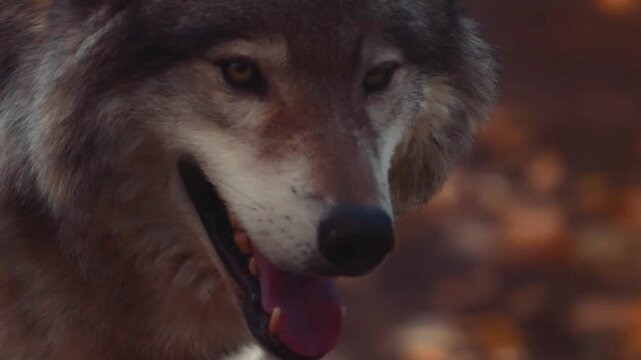 Gray Wolf Panting Close Up in Autumn Forest