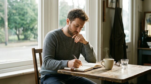 Man Sitting At Table Writing In Journal With Coffee Nearby