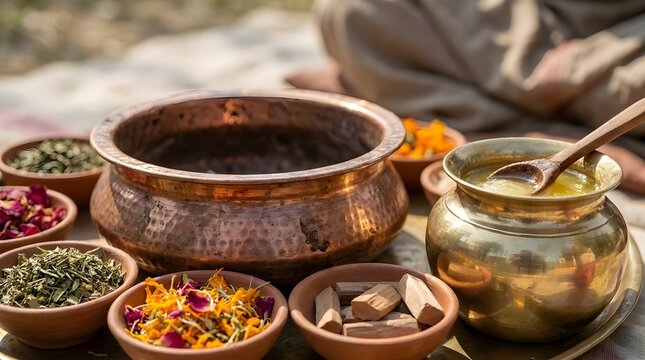 Sacred Fire Ceremony Preparation with Herbs and Ghee Jar