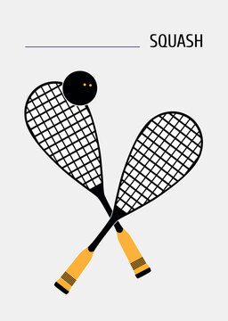 Two crossed squash racquets with yellow handles and a black ball with yellow dots. Minimalist vector illustration with text label for indoor sports, fitness equipment and racket game concept design.