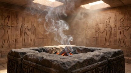 Fototapeta premium Smoke Rising from Sacred Fire Pit Inside Temple