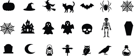 Fototapeta premium Set of black halloween silhouettes with spooky icons like pumpkins ghosts bats and skulls isolated on transparent background, Vector