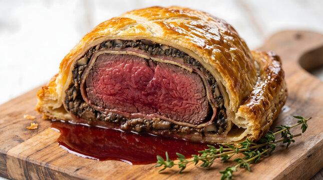 Gourmet Beef Wellington slice with red wine jus served on a rustic wooden board
