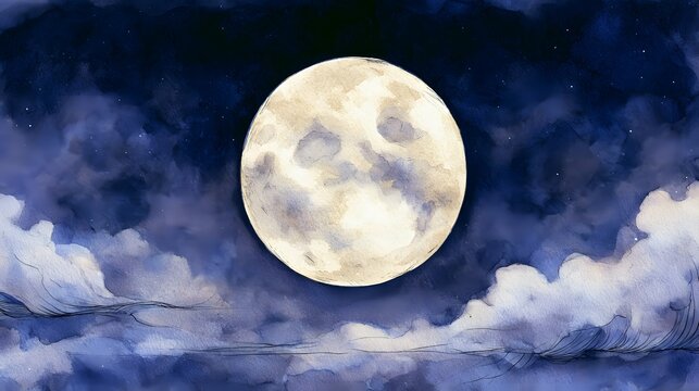 Serene Watercolor Illustration of a Luminous Full Moon Glowing Above Ethereal Clouds in Night Sky