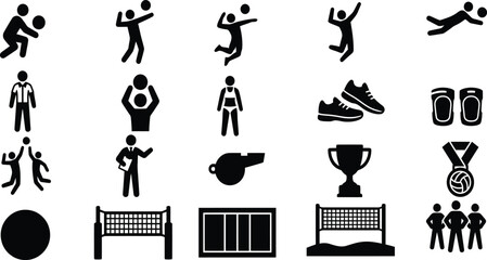 Set of black volleyball icons showing players in action and sports equipment for professional games isolated on transparent background, Vector © DESIGN SHOP