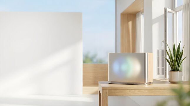 Modern flat screen tv on wooden desk near large window with natural light