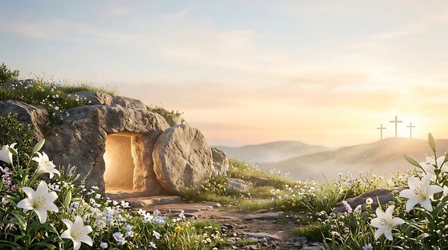 The Empty Tomb with Rolled Away Stone and Three Crosses at Sunrise Symbolizing the Resurrection of Jesus Christ on Easter Sunday