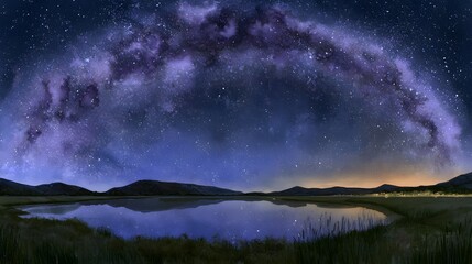 Fototapeta premium Watercolor Illustration of a Serene Night Landscape with Milky Way Galaxy and Reflective Lake_