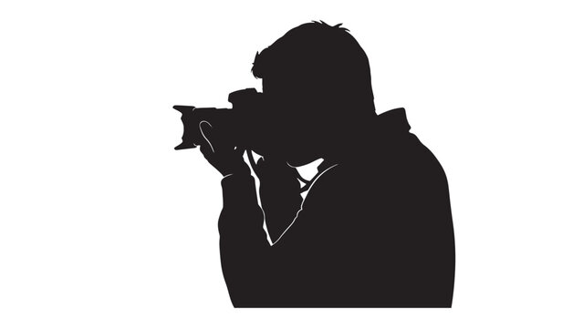Silhouette of photographer holding camera in profile isolated on black background