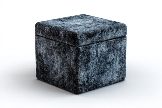 A textured cube-shaped ottoman with a dark, velvety finish stands against a neutral background, exuding modern elegance and versatile design.
