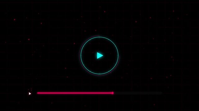 Abstract digital background with a glowing play button icon, progress bar, and floating red particles on a dark grid, representing media player interface design