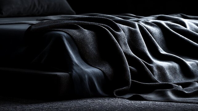black bed with rumpled sheets and pillow