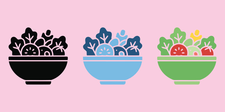 Fresh vegetable salad bowl icons flat