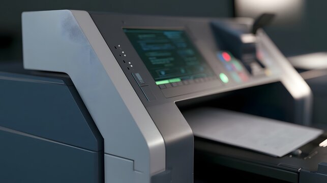 Modern office hine with digital display and document tray under soft lighting  showing ope nal interface and paper handling