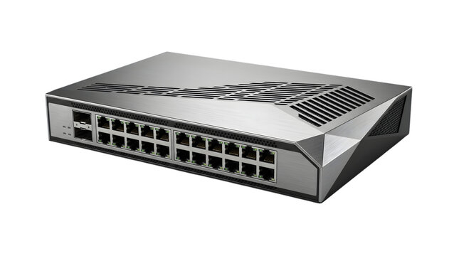 Compact ethernet network switch with twenty four ports and metallic frame for enterprise office use.