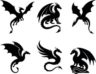 Fototapeta premium Dragon silhouettes in various poses black vector graphics on white
