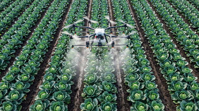 Agricultural drone spraying fertilizer on green cabbage field from above