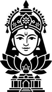 Goddess Lakshmi face portrait with crown lotus flower and temple base Hindu deity solid black silhouette style vector isolated on white background