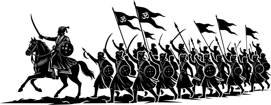 Chhatrapati Shivaji Maharaj leading maratha army soldiers on horseback with om flags and swords solid black silhouette style vector isolated on white background