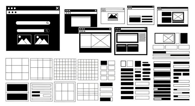 Wireframe browser windows with collection wireframe windows elements application placeholder interface template website design mockup with layout