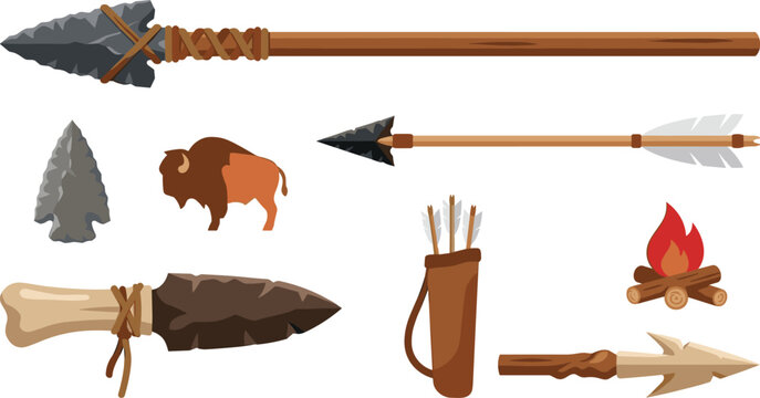 Indigenous Native American Stone Spear and Hunting Arrow Vector Element Set Featuring Quiver Flint Knife Bison and Campfire Symbols for Historical Graphic Designs