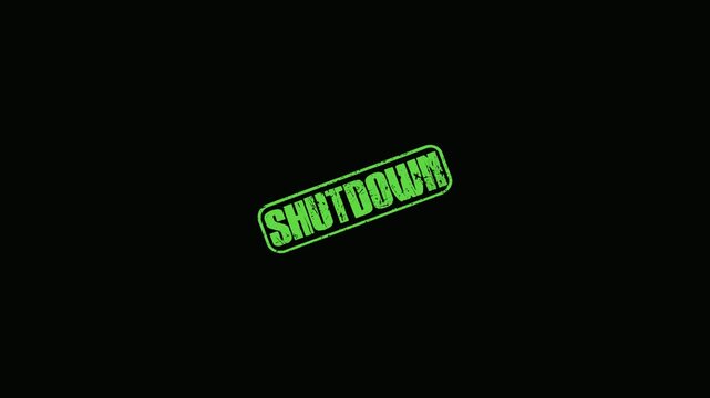 Green grunge Shutdown rubber stamp motion graphic isolated on a solid black background for overlay