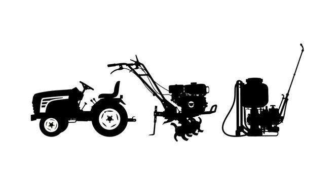 Silhouettes of gardening equipment on white background with silhouettes tiller mower mower sprayer agriculture maintenance machinery landscape