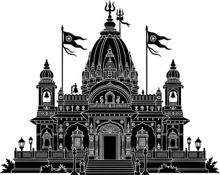 Traditional Indian Hindu temple building architecture with shikhara dome, trishul, and waving flags solid black silhouette style vector isolated on white background