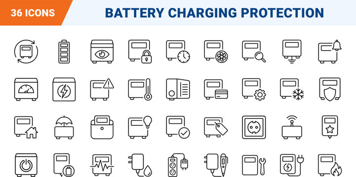 Battery Charger Charger Safety Web Icon Set in Linear Style. Collection of Power Protection line icons, including surge protection, thermal cutoff, grounding, fault detection, voltage regulation.