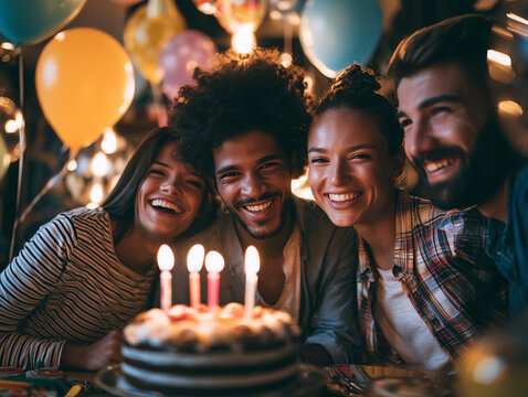 Joyful Group of Friends Celebrating a Birthday with a Cake and Balloons