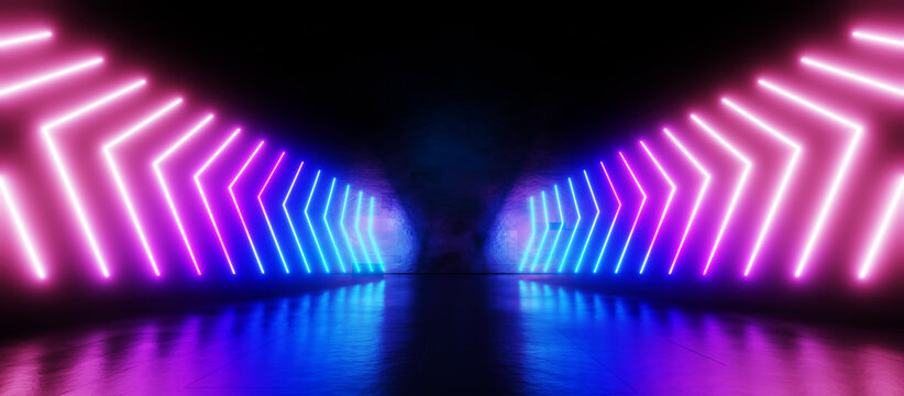 Neon light corridor tunnel perspective. 3D render of dark hall with triangular led lamp arrows in blue purple pink color, glowing gradient lines on walls and reflection on black floor. 3D illustration