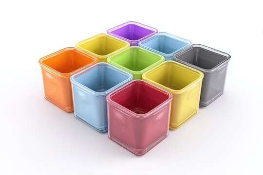 A colorful collection of square-shaped storage containers arranged neatly, showcasing vibrant hues of orange, blue, pink, yellow, green, purple, and grey, perfect for organizing various items.