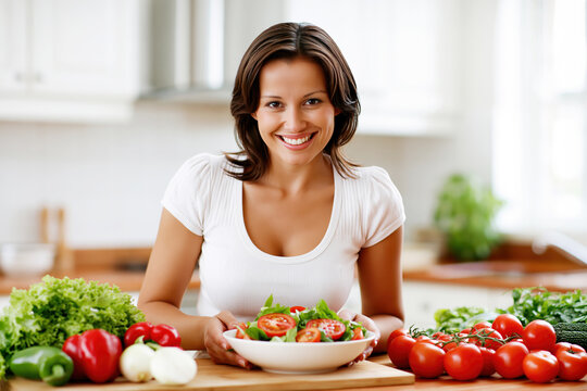 Woman Preparing Fresh Garden Salad at Home &ndash; Generative AI &ndash; no real persons