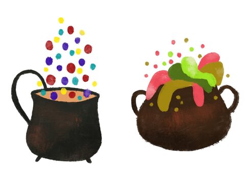 Halloween cauldron with bubbling potion and overflowing brew set, whimsical magic cooking theme and fantasy spellcasting scene 