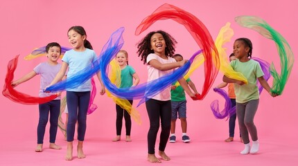 Naklejka premium Diverse Group of Children Waving Colorful Sheer Fabrics and Scarves Against a Pink Background