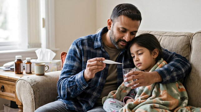 Single father checking sick daughter temperature with digital thermometer on sofa for healthcare blogs, pediatric awareness, family health websites, and medical advice articles