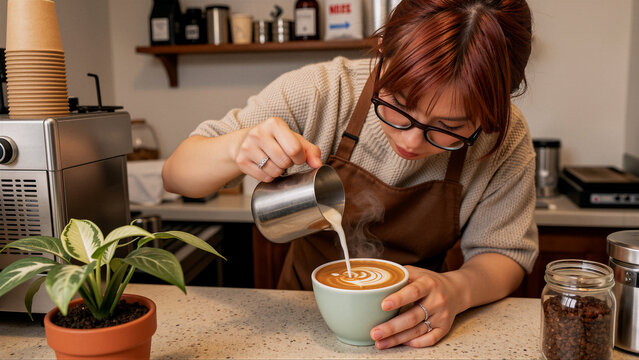 Barista carefully pours steamed milk into a latte art coffee