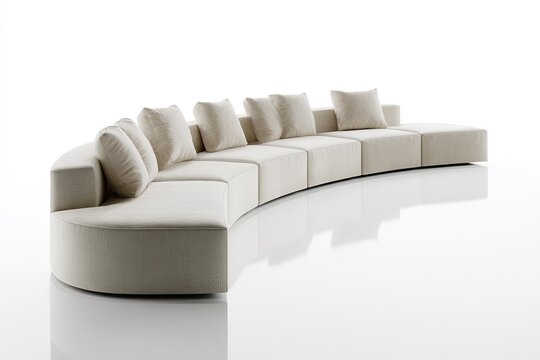 A modern modular curved sofa in a soft neutral fabric, featuring plush cushions and a sleek design, perfect for contemporary living spaces.