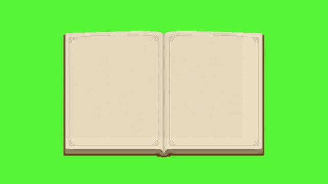 Page flip book animation in pixel art style with green screen background