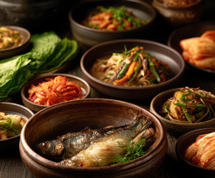 Traditional Korean Cuisine with Grilled Fish and Fermented Side Dishes &ndash; AI Generative