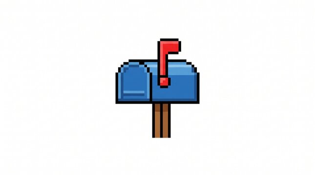 8-bit pixel art of a classic metal mailbox with raised red flag neighborhood game asset isolated on white.