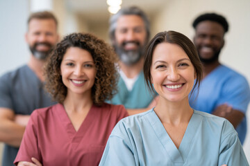 Obraz premium Diverse medical team smiles confidently at camera. Foreground nurse beams with warm, professional expression. Background colleagues project friendly, collaborative energy