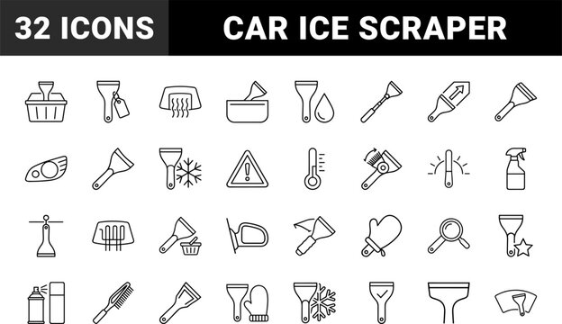 Car Ice Scraper Frost Clearing Web Icon Set in Linear Style. Collection of Auto Deicing line icons, including windshield care, snow removal, winter tools, auto accessories, deicing, maintenance.