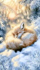 Naklejka premium Watercolor painting of a fluffy red fox sleeping peacefully among snowy pine trees in soft light