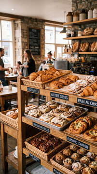 Bakery display with fresh pastries and coffee shop patrons.