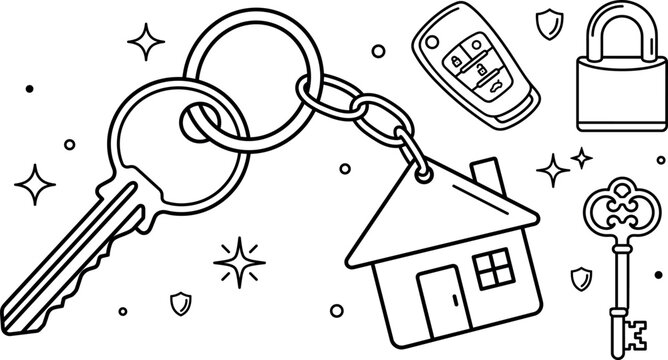 House keys line art vector set with home keychain car remote padlock vintage key and real estate security elements