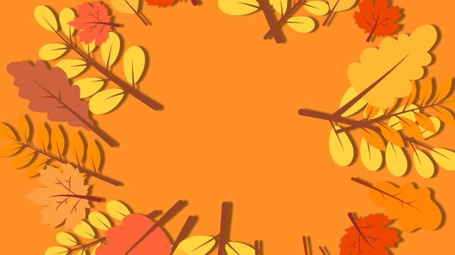 Animated Autumn Leaves Frame on Orange Background for Fall Equinox Season.