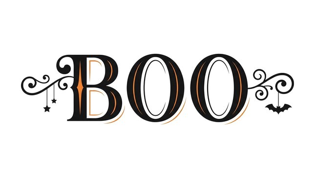 Decorative halloween boo text with elegant vintage flourishes and small bats isolated on white background