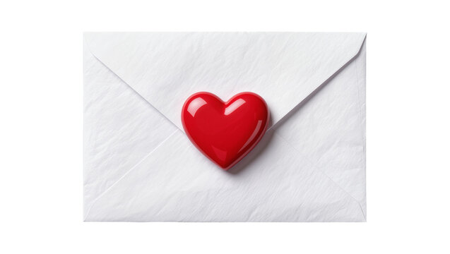 Shiny red heart shape on a textured white envelope, isolated on transparent background