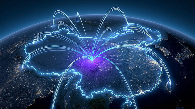 Glowing China network with nationwide arcs representing distributed computing digital commerce telecommunications intelligent logistics cloud services and regional data exchange